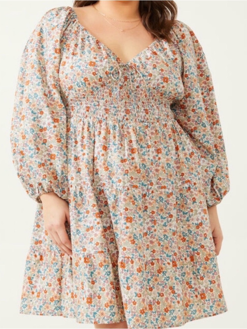 ARULA Claire Floral Smocked Babydoll Dress - Rust, Teal, Cream